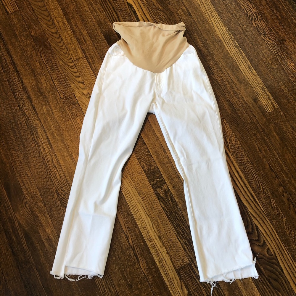 Mother maternity white denim. Hi low hem